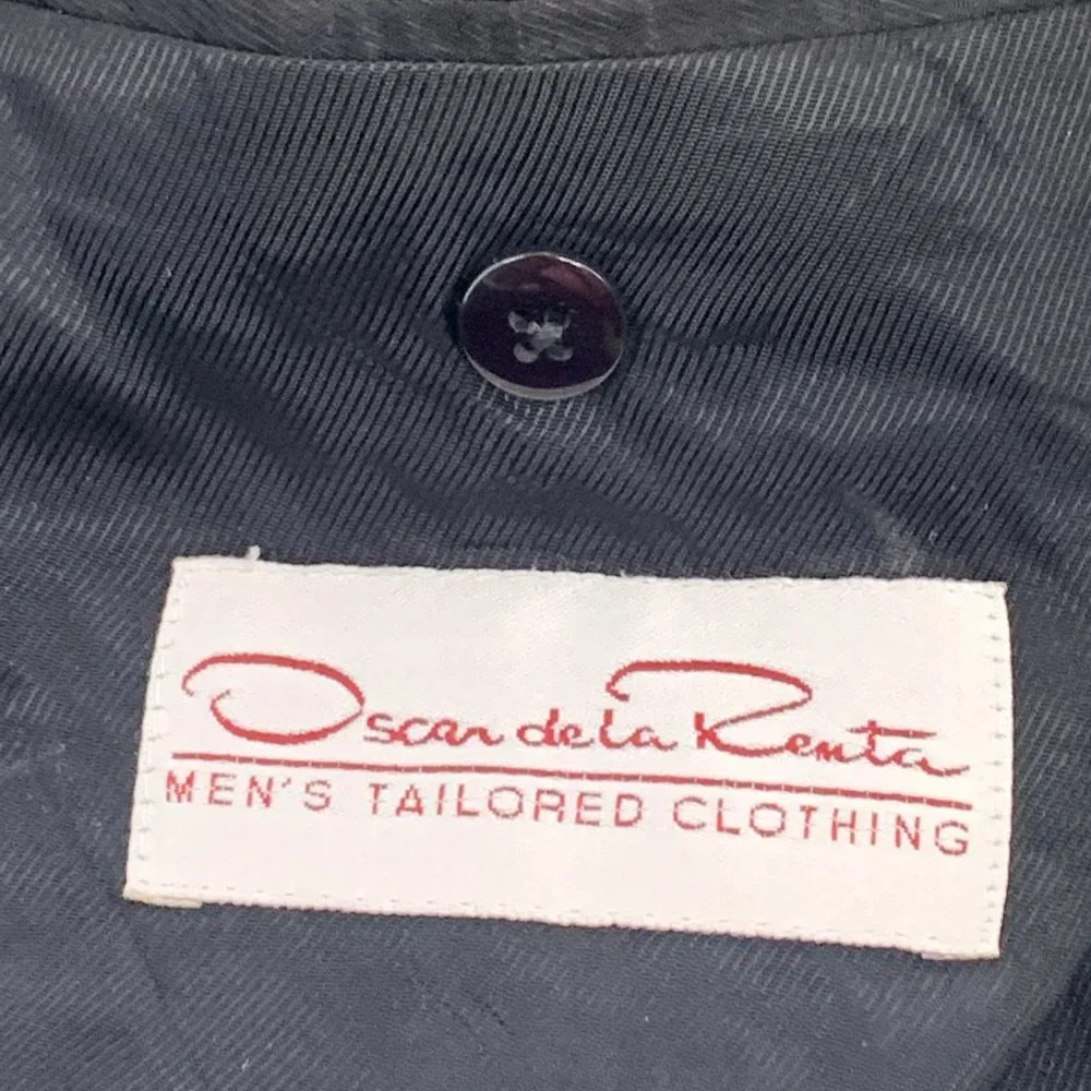 Vintage Mens Oscar‎ de la Renta Blazer Houndstooth 46L 100% Wool Line Ivory Navy